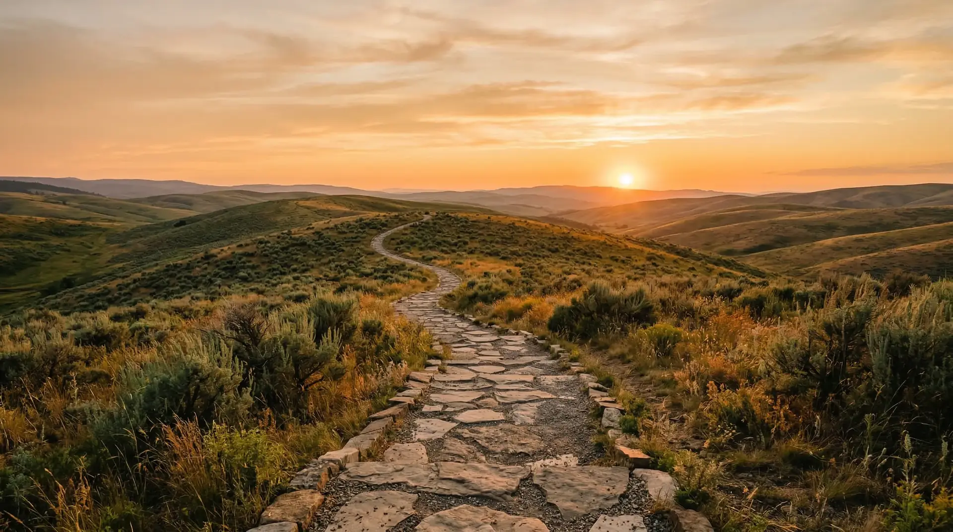 Golden pathway through rolling hills at sunset, symbolizing the start of a new business journey