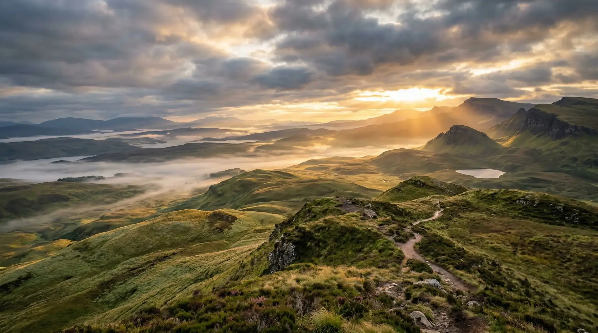 Dramatic sunrise over rolling green hills with misty valleys, evoking the Scottish Ochil Hills landscape