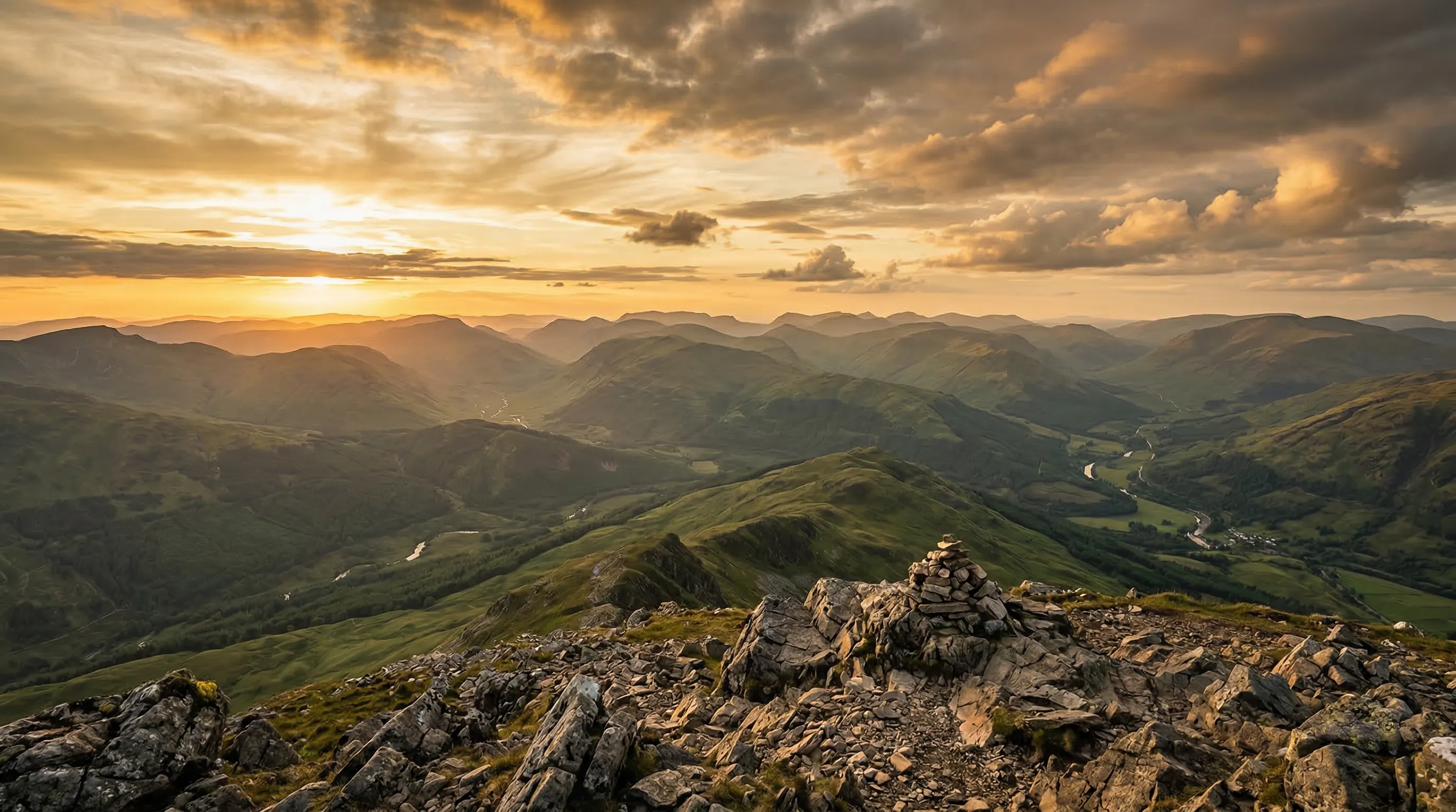 Mountain summit view at golden hour overlooking layers of green valleys, representing achievement and perspective