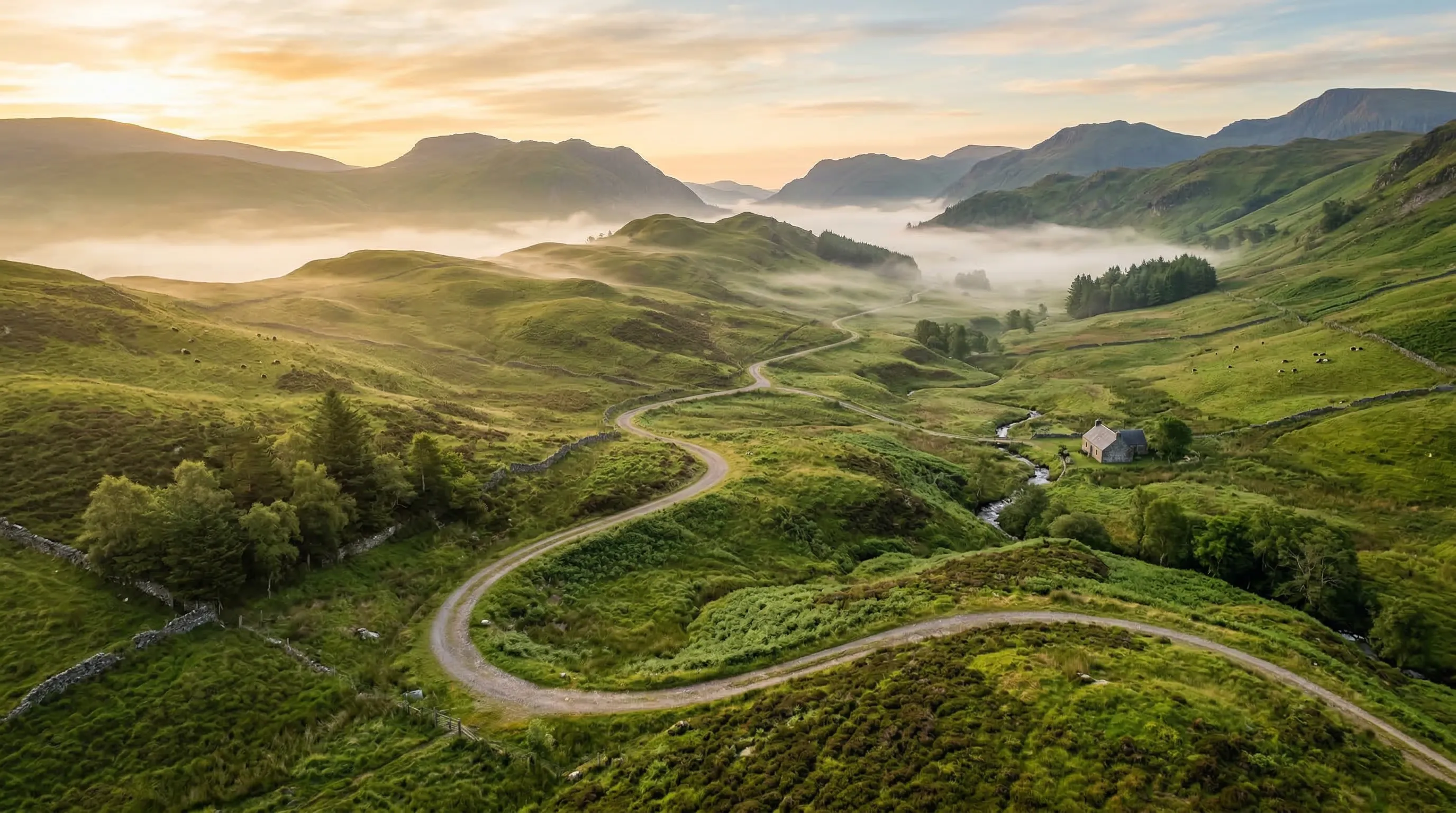 Winding path through green hills, representing the journey of business growth and knowledge
